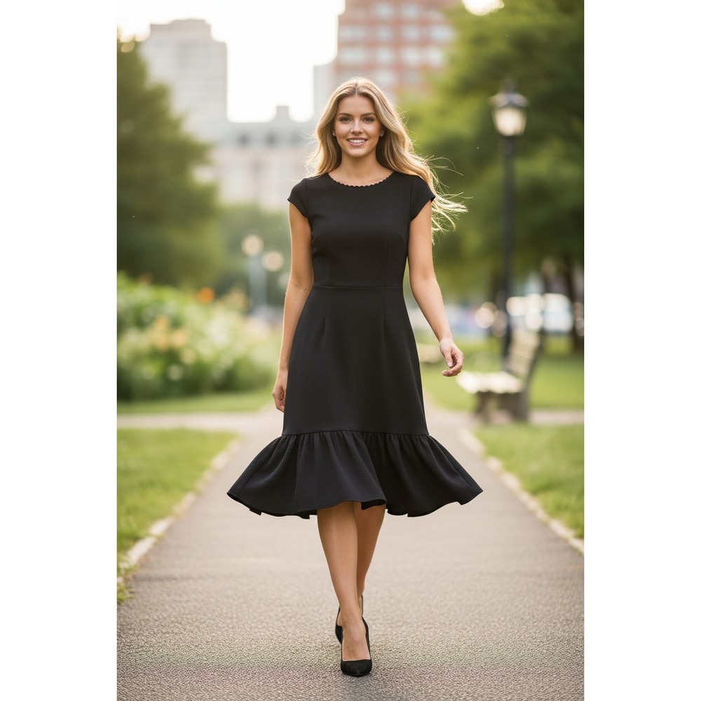 Rebecca Taylor Black‎ Textured Matelassé Scalloped Ruffle Dress XS NWOT $395